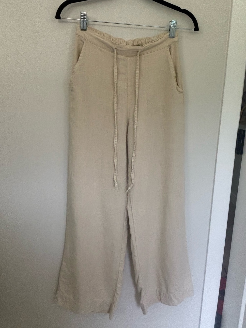 Beige Wide-Leg Linen Drawstring Pants